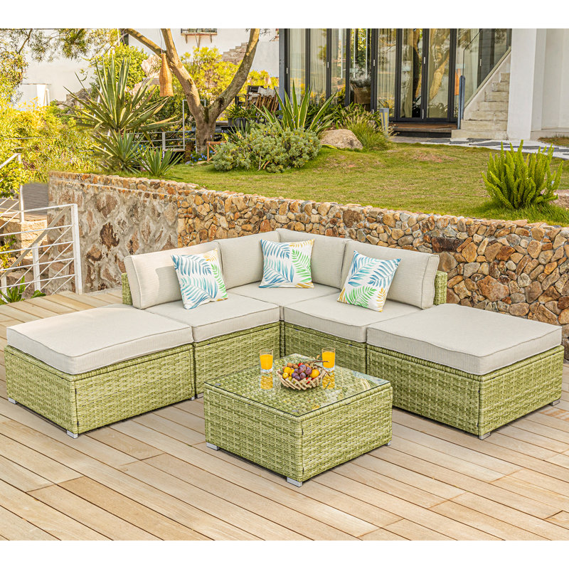 Bay Isle Home Virgil 6 Piece Rattan Sectional Seating Group with